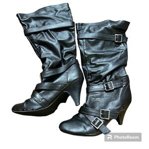 SM New York Womens High Heel Boots Marina Faux Leather Buckle Knee Black Sz 8.5